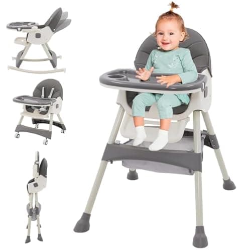 Baby High Chair 3-in-1 Foldable Adjustable Convertible Feeding Chair Babies and Toddlers Portable Booster Seat Rocking Chairs Reclining Seat with PU Cushion,Footrest and Double Tray(grey)