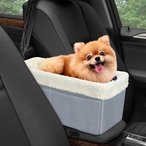 DREAMANIA Dog Car Seat for Small Dogs - Upgraded Pet Seat Center Console with Storage Pockets, Dog Booster Seat for Soft Cushion, Double Protection Seat Belts, Safety Leash, Grey