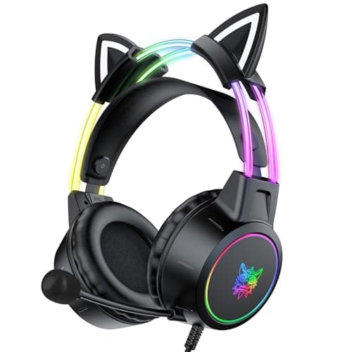 Lightweight Gaming Headsets with Cat Ears, Gradient RGB Lighting, Wired Over- Ear Headphones for PC Laptop PS4 PS5 Switch, Virtual Surround Sound & Noise Cancelling Mic, Auto-Adjust Headband