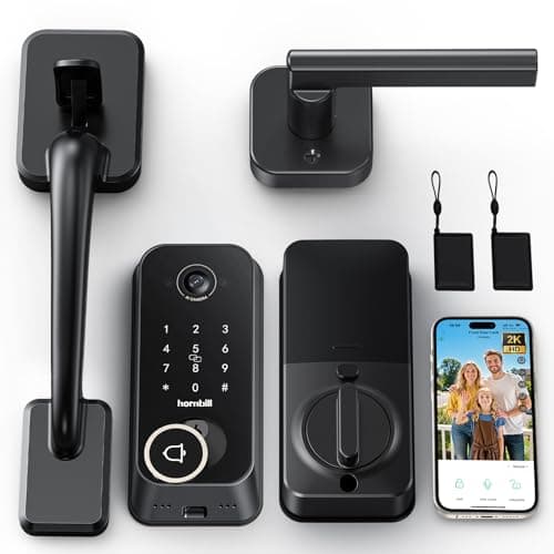 Smart Front Door Lock Sets: 2K HD Camera Lock with Doorbell Kits, Hornbill Fingerprint Keyless Entry Door Lock with Handles, WiFi Deadbolt(only 2.4G) for Remote Control, APP/Alexa/PIR,Matte Black