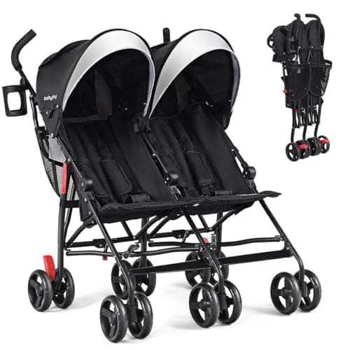 BABY JOY Double Umbrella Stroller, Lightweight Travel Side by Side Twin Stroller with Large Storage, Cup Holder, 5-Point Safety Harness, Adjustable Canopy & Compact Fold for Infant and Toddler