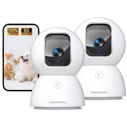 CINMOORE 5G Security Camera Indoor 2-Pack, No-Monthly-Fee AI Tracking Facial Recognition, 3K Pet/Dog Camera with Speaker/Phone App, PTZ WiFi Baby Monitor Cameras for Home Security, 0-Glow Night Vision