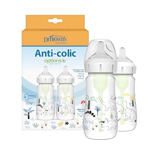 Dr. Brown's Natural Flow Anti-Colic Options+ Wide-Neck Baby Bottle Designer Edition Bottles, Dino Decos, 9oz/270mL, Level 1 Nipple, 2-Pack, 0m+