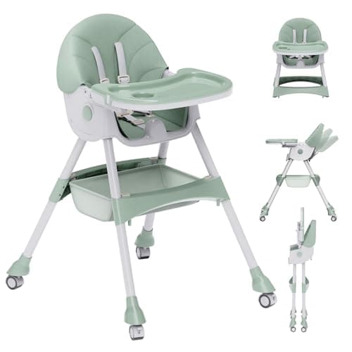 High Chairs for Babies And Toddlers, 4 in 1 Convertible Baby High Chair, Portable High Chair for Travel with Adjustable Height, Foldable HighChair With Wheels& Pu Cushion