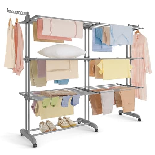 SONGMICS Clothes Drying Rack 4-Tier, Foldable Laundry Drying Rack 177.5 cm Tall, Extendable Rods, Stainless Steel, Rolling Clothes Horses, Laundry Airer, Indoor Outdoor Use, Dove Gray ULLR704G01