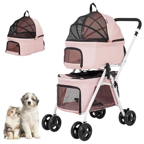 BETSOCCI Double Pet Stroller with Detachable Carrier for Medium Small Dogs and Cats, Foldable 3-in-1 Cat Stroller with 4 Wheels Lightweight Dog Stroller for 2 Dogs or Cats Pink