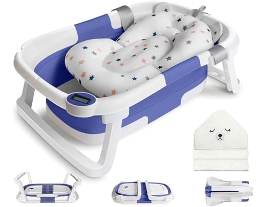 Befol Collapsible Baby Bathtub for Infants to Toddler, Portable Travel Bathtub Multifunctional Bathtub with Drain Hole, Baby Folding Bathtub for Newborn 0-36 Month (Blue+1 Hooded Towel & 1 Soft Floating Cushion)