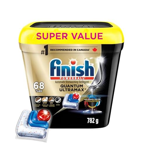 Finish® Quantum UltraMAX Dishwasher Detergent Pods, 3-Chamber Formula with PowerBall, 2X Grease Fighting, Burnt-On & 24H Dried-On Stains, Intense Clean & Virtually Diamond Shine, No Pre-Rinse, 68 Tabs