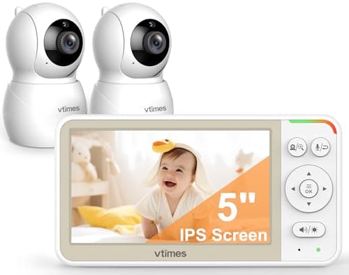 VTimes No WiFi Baby Monitor 2 Cameras, 5 Inch Auto Switch Single View No Split Screen, Remote Pan-Tilt-Zoom, VOX Two-Way Talk, Night Vision, Temperature, 1000ft Range for Twins & Two Nurseries