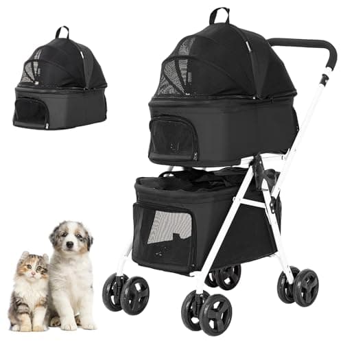 BETSOCCI Double Pet Stroller with Detachable Carrier for Medium Small Dogs and Cats, Foldable 3-in-1 Cat Stroller with 4 Wheels Lightweight Dog Stroller for 2 Dogs or Cats Black