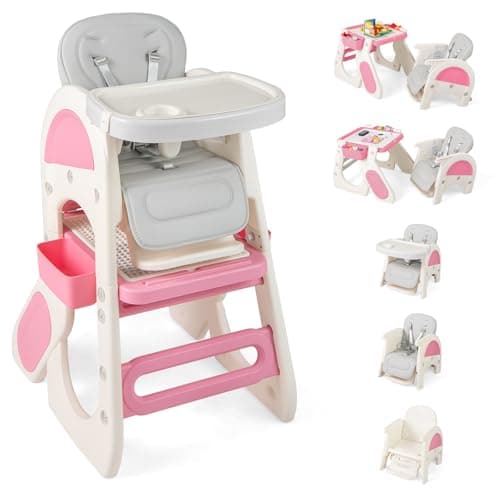 HONEY JOY 8 In 1 Baby High Chair, Convertible Highchair for Babies and Toddlers, Art Table/Building Block Table & Stool, Safety Harness, Removable Cushion & Food Tray, Infant Feeding Chair for Boys Girls (Pink)