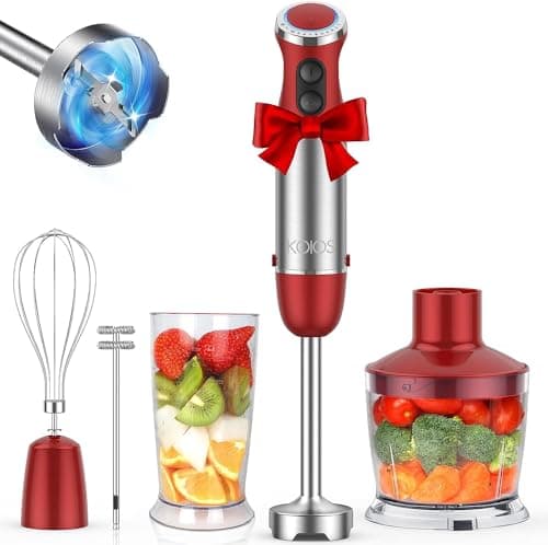 KOIOS 5-in-1 Hand Immersion Blender, 1000W 12 Speed Handheld Blender, Pure Copper Motor 304 Stainless Steel Blade Stick Blender, Non-BPA, Red