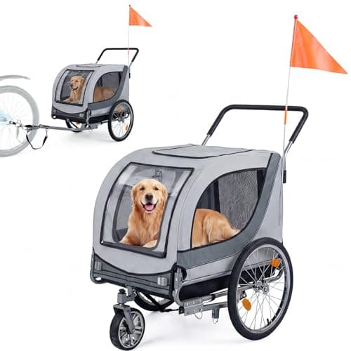 Giantex 2-in-1 Dog Bike Trailer & Pet Stroller for Large Dogs – Foldable Pet Carrier Cart with Front Caster & 2 Air-Filled Tires, Breathable Mesh, PVC Rain Cover, 176 lbs Capacity (Gray)