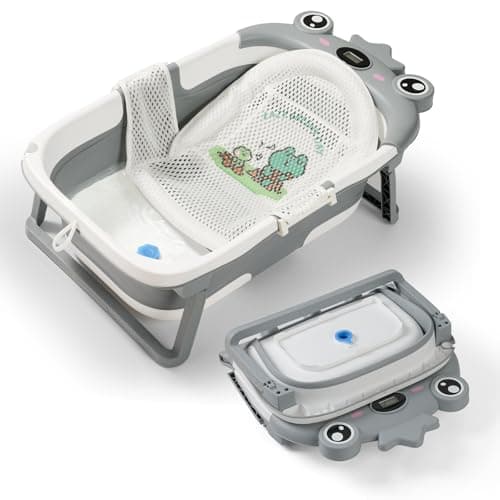 Baby Bathtub for Infant to Toddler,Collapsible Baby Bath Tub with Soft Cushion & Thermometer,Space Saving Foldable & Travel Newborn Bathtub 0-36 Months (Gray, Frog)