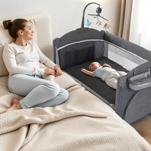 5 in 1 Baby Crib,Bedside Sleeper,Baby Bassinet, Bedside Cribs with Mattress, Foldable Baby Playard, Portable Travel Crib for Girl Boy Infant Newborn (Grey)