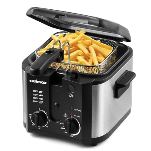 CUSIMAX Deep Fryer Pot with Basket for Home Use, 1500W, 2.5 Liter Small Deep Fryer, Adjustable Temperature & Time, Lid with View Window and Odor Free Filter