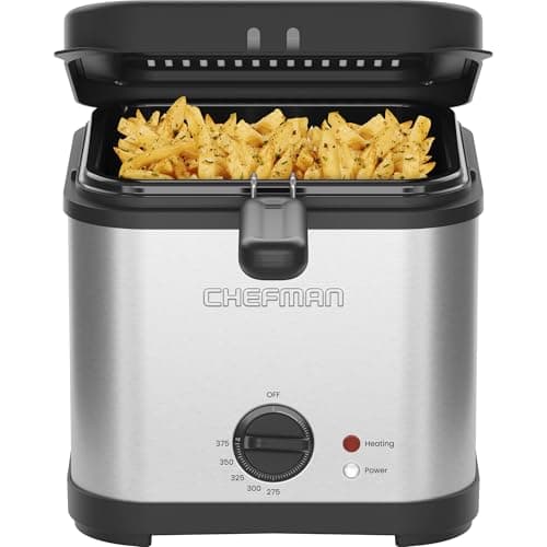 Chefman Fry Guy 2.5 Quart / 10 Cup Deep Fryer with Wire Basket, Hinged Lid with Viewing Window, Adjustable Temperature, Perfect for Fried Chicken, Shrimp, French Fries, & Chips – Stainless Steel
