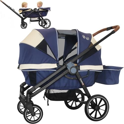 Freetex Tandem Wagon Stroller – All-Terrain 2-in-1 Push & Pull Design, Double Seat Capacity, Large Storage, Adjustable Canopy, Removable Child Tray for Kids Outdoor Adventures & Family Outings (SAND NAVY)