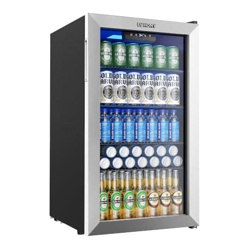 EUHOMY Beverage Refrigerator Cooler, 130 Can Mini Fridge with Glass Door for Soda Beer or Wine, Beverage Cooler for Home, Office, Bar with Adjustable Removable Shelves, Silver