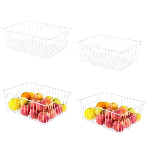 Nprohuge Freezer Organizer Bins, Upright Freezer Baskets for 16, 17, 21 cu.ft Standup Freezer, Wire Storage Baskets with Built-in Handles, 4Pcs, White