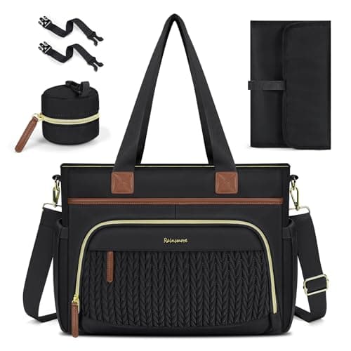 RAINSMORE Diaper Bag Tote, Large Waterproof Baby Bag with Pacifier Case & Changing Pad Multifunctional Diaper tote for Travel Hospital Quilted Mommy Bag for Mom Dad, Black
