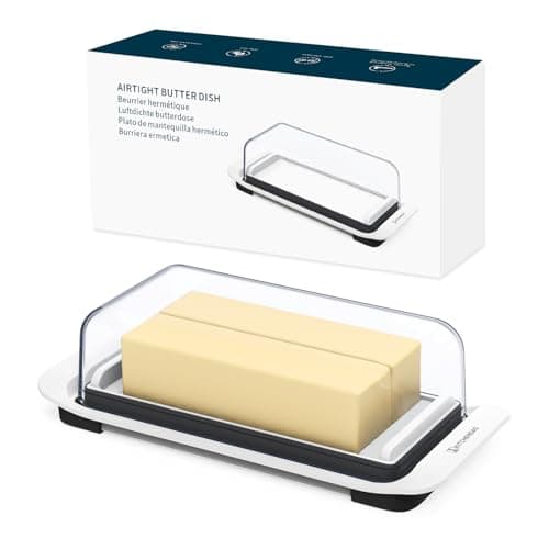 Airtight Butter Dish with Lid for Countertop and Fridge, Large Butter Keeper, Easy Scoop, Dishwasher Safe, Plastic Butter Holder Tray with Non-Slip Feet,White