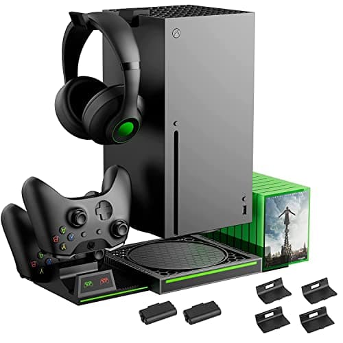 Vertical Stand Compatible with Xbox Series X Console, Dual Charging Station with 2 Rechargeable Battery for Xbox Series X Controller, with 10 Game Card Slot and Headphones Holder & 4 Cover