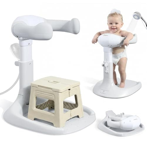 Orzbow Baby Bath Stand, Adjustable Height Baby Bathtub with Foldable Chair & Shower Stand, Collapsible Toddler Shower Standing Support for 6-36 Months, Anti-Slip Base, Easy-Use, Gray
