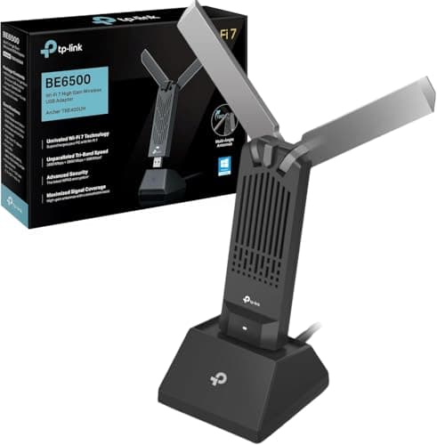 TP-Link BE6500 WiFi 7 USB Adapter (Archer TBE400UH) – Tri-Band 6GHz/5GHz/2.4GHz, High-Gain Adjustable Antennas, USB 3.0 Cradle, Up to 6500 Mbps, OFDMA MU-MIMO, WPA3, Windows 10/11