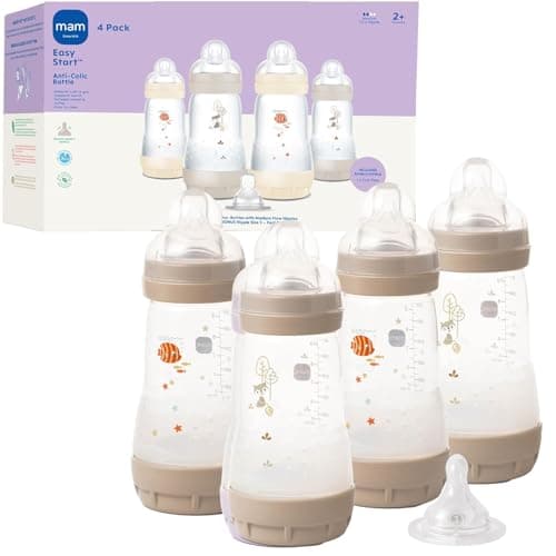 MAM 9oz Easy Start Anti-Colic+ Wide Neck Baby Bottle, Medium Flow Breastfeeding-Like Nipple, Reduces Colic Gas & Reflux, Easy To Clean, BPA Free, 2+ Months, Made In Europe, Bonus Fast Flow Nipple