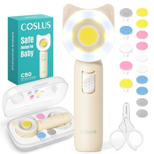 COSLUS C50 Baby Nail File Electric: Gentle Baby Nail trimmer with Quiet Design & 360° Light - Safe for Trim, 16 in 1 Cute Baby Nail Kit for Newborn Infant Kid Fingernail, Yellow