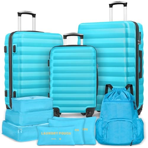 Suitour Luggage Sets 3 Piece Carry On Luggage with Spinner Wheels ABS Hardshell Travel Suitcase Set(20/24/28 inch) 6 PC Packing Bags & Drawstring Backpack
