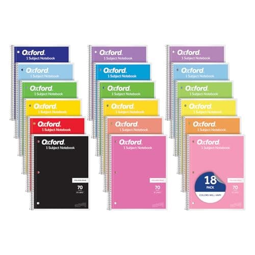 Oxford Spiral Notebooks, 18 Count Bulk Pack, 1 Subject, College Ruled Notebooks for School, 8 x 10.5 Inches, 70 Sheets, Assorted Colors, Back to School Supplies (65206)