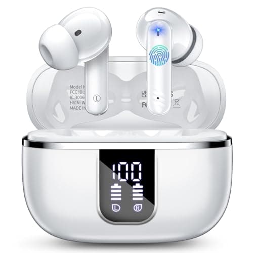 Wireless Earbuds, Bluetooth 5.4 Headphones with 4 Noise Cancelling Mic, 46H in-Ear Buds with 3D Bass Stereo Sound, Small Ears, LED Display, Calls Sports Workout, IPX7 Earphones for Android iOS. White