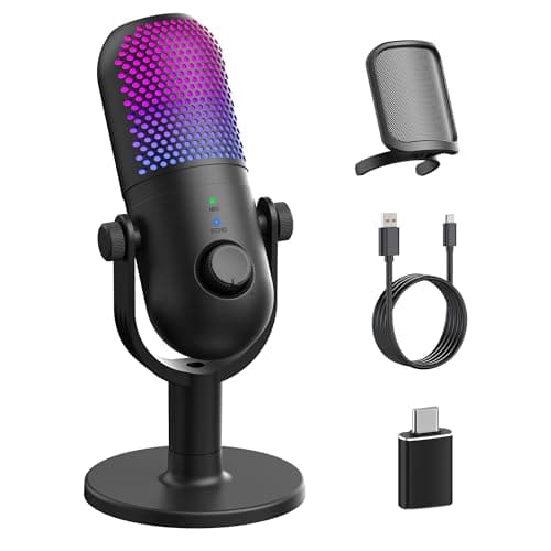 USB Microphone for PC Gaming: Condenser Microphone RGB with Stand Mic - Recording Microphone for Computer & Laptop with Qiuck Mute - Desk Podcast Mic for Podcast & Singing & Streaming & YouTube Black