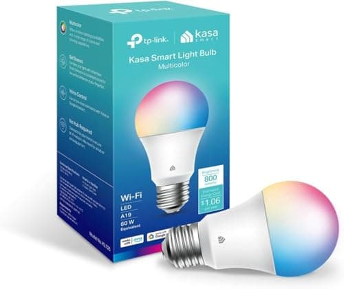 Kasa New Smart Bulb, Full Colour Changing Dimmable Smart WiFi Light Bulb Compatible with Alexa and Google Home, A19, 9W 800 Lumens,2.4Ghz only, No Hub Required, 1-Pack (KL125), Multicolour