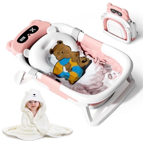 Kerbwry Baby Bathtub for Newborn to Toddler, Baby Bath Tub with Soft Towel and Floating Cushion, Baignoire Pour Bébé, Shower Essentials for Newborn (0-18 Months) Pink