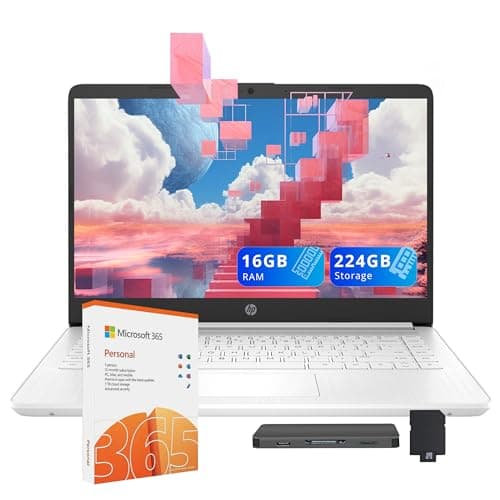 HP Stream 14" HD BrightView Laptop, Intel Celeron N4120, 16GB RAM, 224GB Storage (64GB eMMC+160GB Docking Station Set), Intel UHD Graphics, 1 Year Office 365, Fast Charge, Wi-Fi, Windows 11 S, White