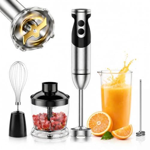 MEGAWISE 5-in-1 Immersion Blender Handheld, 12-Speed Hand Blender Set with Titanium Blades, 500ml Chopper, 600ml Beaker, Whisk and Milk Frother, BPA-Free, for Soup and Smoothies, Black