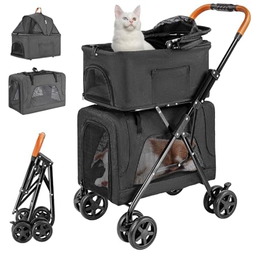 Double Pet Stroller with Detachable Carrier for Medium Small Dogs and Cats, Lightweight Dog Stroller Travel Carriage with No-Zip Canopy Storage Basket One-Click Folding and One-Foot Brake,black