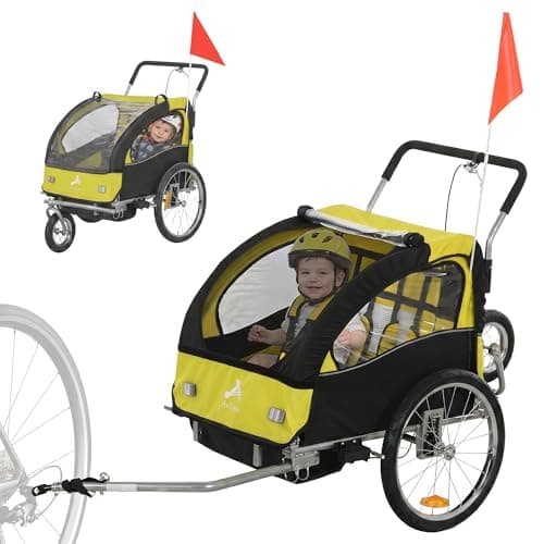 Aosom 2-Seat Bike Trailer for Kids, 2-in-1 Baby Stroller Bicycle Trailer 88 lbs Load with 5-Point Harness, Rubber Wheels, Storage, Safety Flag, Reflectors, Foldable Frame, Yellow