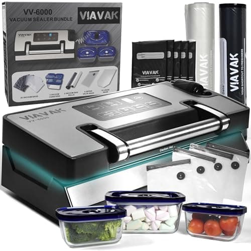 VIAVAK Vacuum Sealer Machine BUNDLE – 95 kPa, Dry/Moist + Patented Liquids Mode – Built-In Hose Adaptor & Handle-Lock – Complete Set with Glass Containers, Precut Bags, Rolls, Liquid & Sous Vide Bags