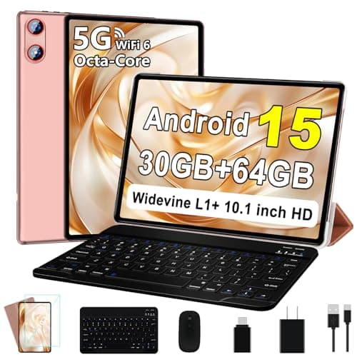Tablet 10 Inch Android 15 Tablets with Keyboard 30GB+64GB+1TB Expand, Octa-Core Electronics Tablet with 6000mAh, Gemini AI, HD IPS Display, 5G WiFi, BT 5.0, Split Screen, Widevine L1 - Rose Gold