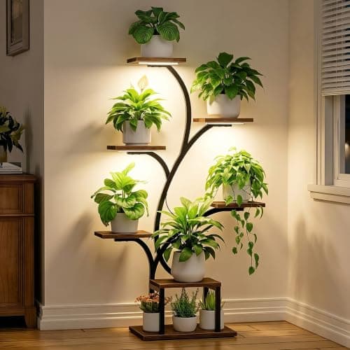 BACEKOLL Indoor Plant Stand with Grow Lights, 7 Tiered Tree-Shaped Black Iron & Wood Plant Shelf, 49" Corner Plant Stands for Indoor Plants, Black