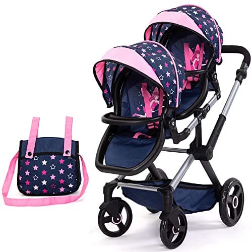 Bayer - Twin Dolls Pram Xeo - Baby Stroller Carriage for Dolls with Bag, Adjustable Handle - Dolls Up to 18” - Age 3+ - Dark Blue Pink Fairy - 26716AA