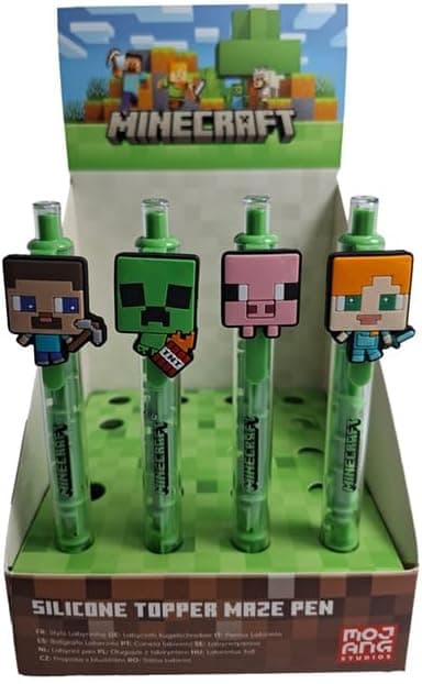 Puckator Minecraft Maze Pen with Silicone Topper - Pen Stationary Set - Cool Fancy Pack of Pens Black For Office Writing College - Uni Essentials - Back to School Supplies - Non Smudge