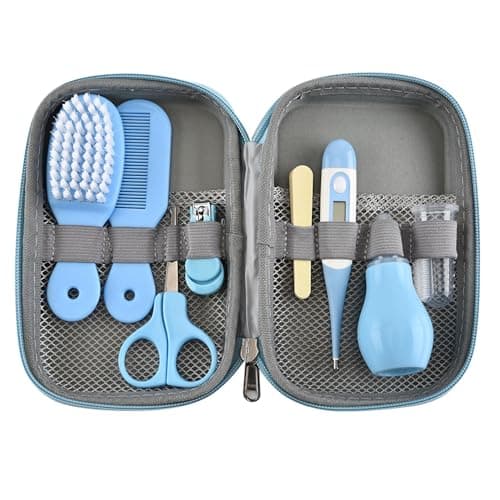 BTSEURY Baby Grooming Kit, Hair Brush Nail Clipper Nose Cleaner Finger Toothbrush Scissor Newborn Care Set with Zippered Organizer for Boys Girls (Blue)