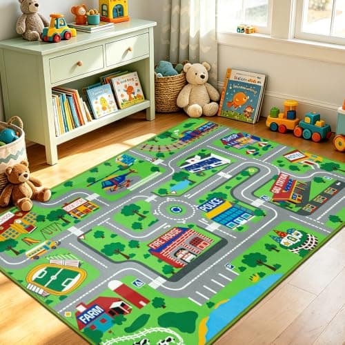 Capslpad Kids Play Rug for Playroom 5.2x3.3 ft Town City Road Map Car Mat Play Mat Educational Learning Carpet Area Rug for Boy Girl Toddler Bedroom Playroom