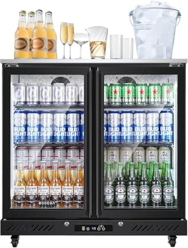 BODEGACOOLER 7.7 Cu.Ft Back Bar Cooler with 4 Casters & Stainless Steel Top, 2 Glass Doors Bar Beverage Refrigerator,Undercounter Drink Display Fridge for Beer Soda Wine LED Lighting, DOE Approved