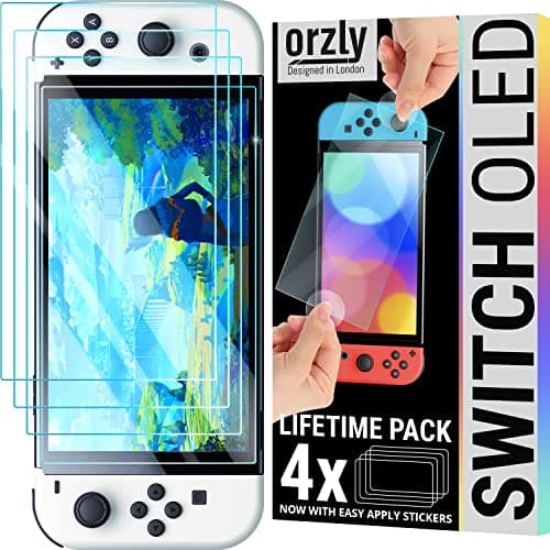 Orzly Glass Screen Protector for Nintendo Switch OLED 2024 Console Accessories (PACK OF 4) - Tempered Glass Life time Edition